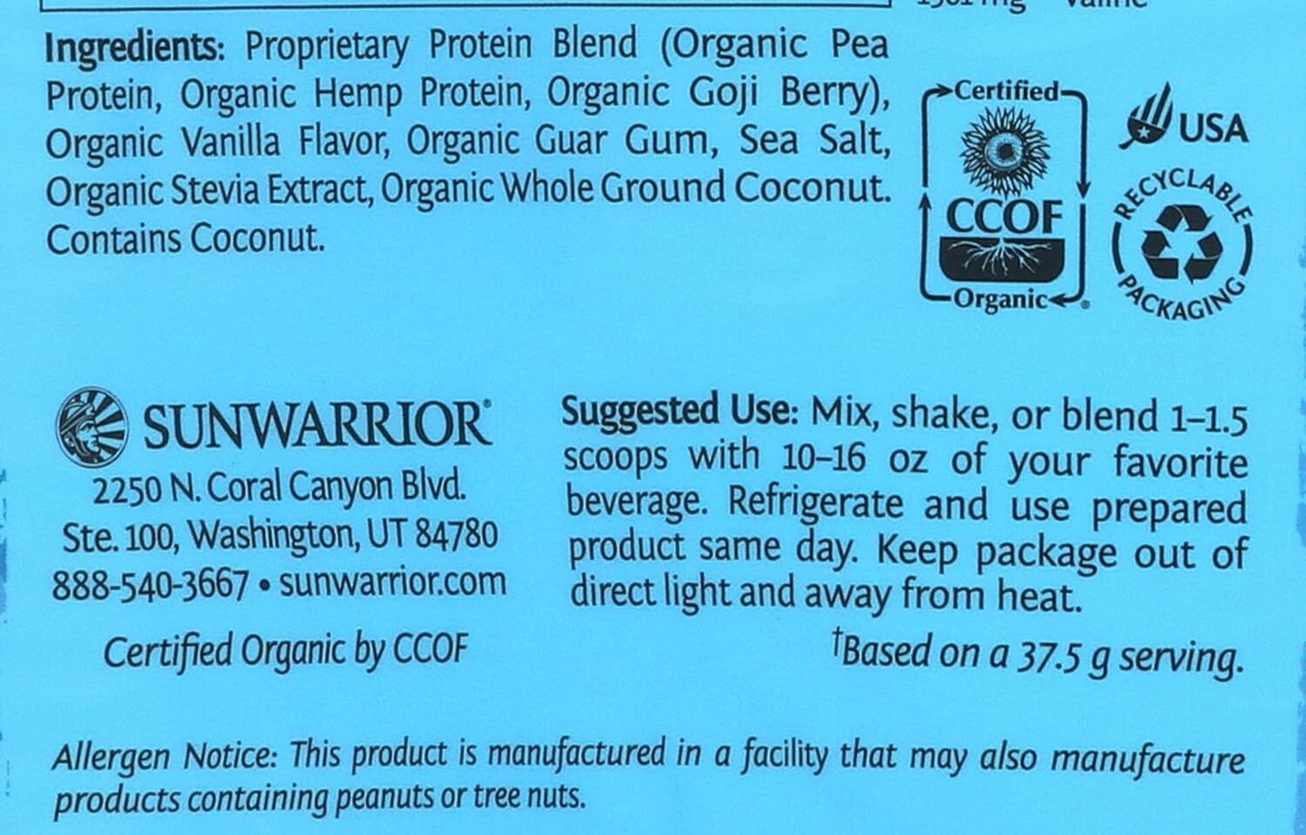 Sunwarrior Warrior Protein Powder 1.65 lbs Organic Vegan w/ BCAAs Vanilla Flavor