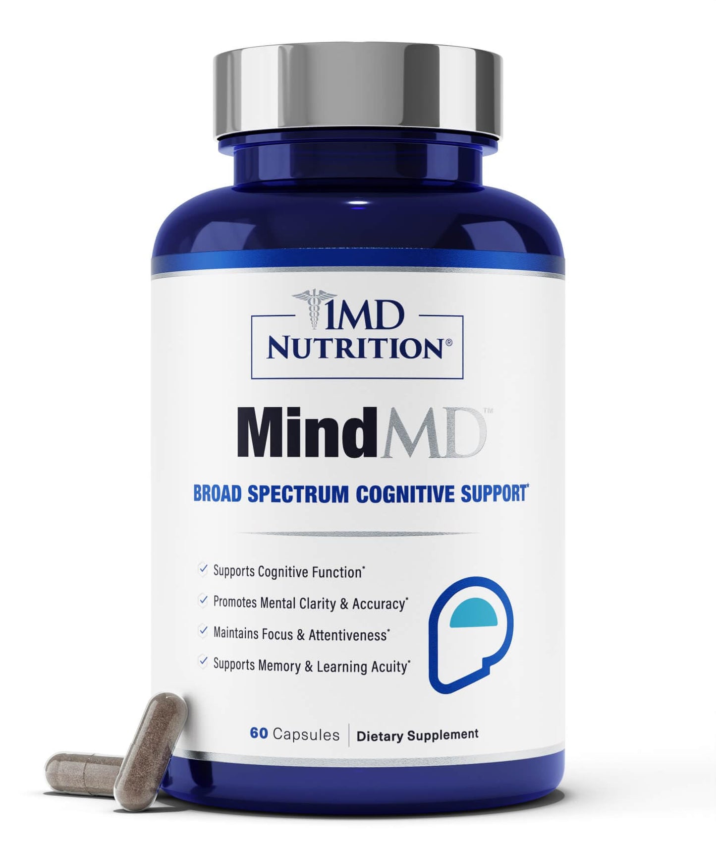 1MD Nutrition MindMD - Brain Supplement for Memory and Focus - Bacopa Monnieri for Nootropic Brain Support - Brain Health Supplement for Adults - with Vitamin B6 & Green Tea Extract - 60 Caps