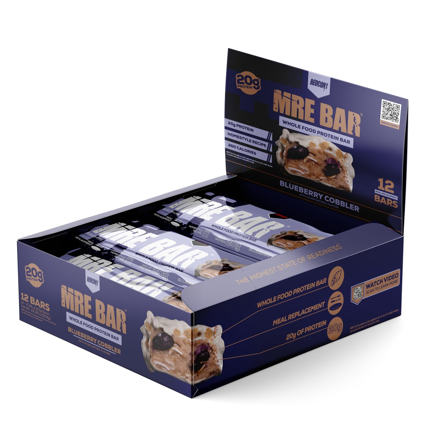 REDCON1 MRE Protein Bar, Blueberry Cobbler - Contains MCT Oil + 20g of Whole Food Protein - Easily Digestible, Macro Balanced Low Sugar Meal Replacement Bar (12 Bars)