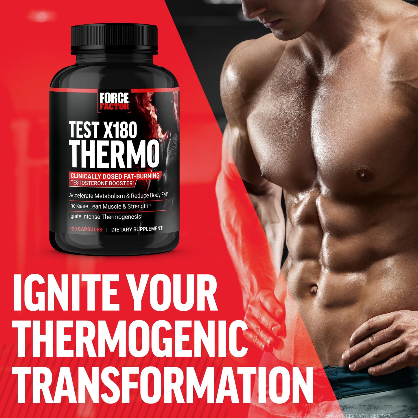 FORCE FACTOR Test X180 Thermo Testosterone Supplement and Fat Burner for Men to Accelerate Metabolism, Reduce Body Fat, Build Lean Muscle, and Increase Thermogenesis, 120 Capsules