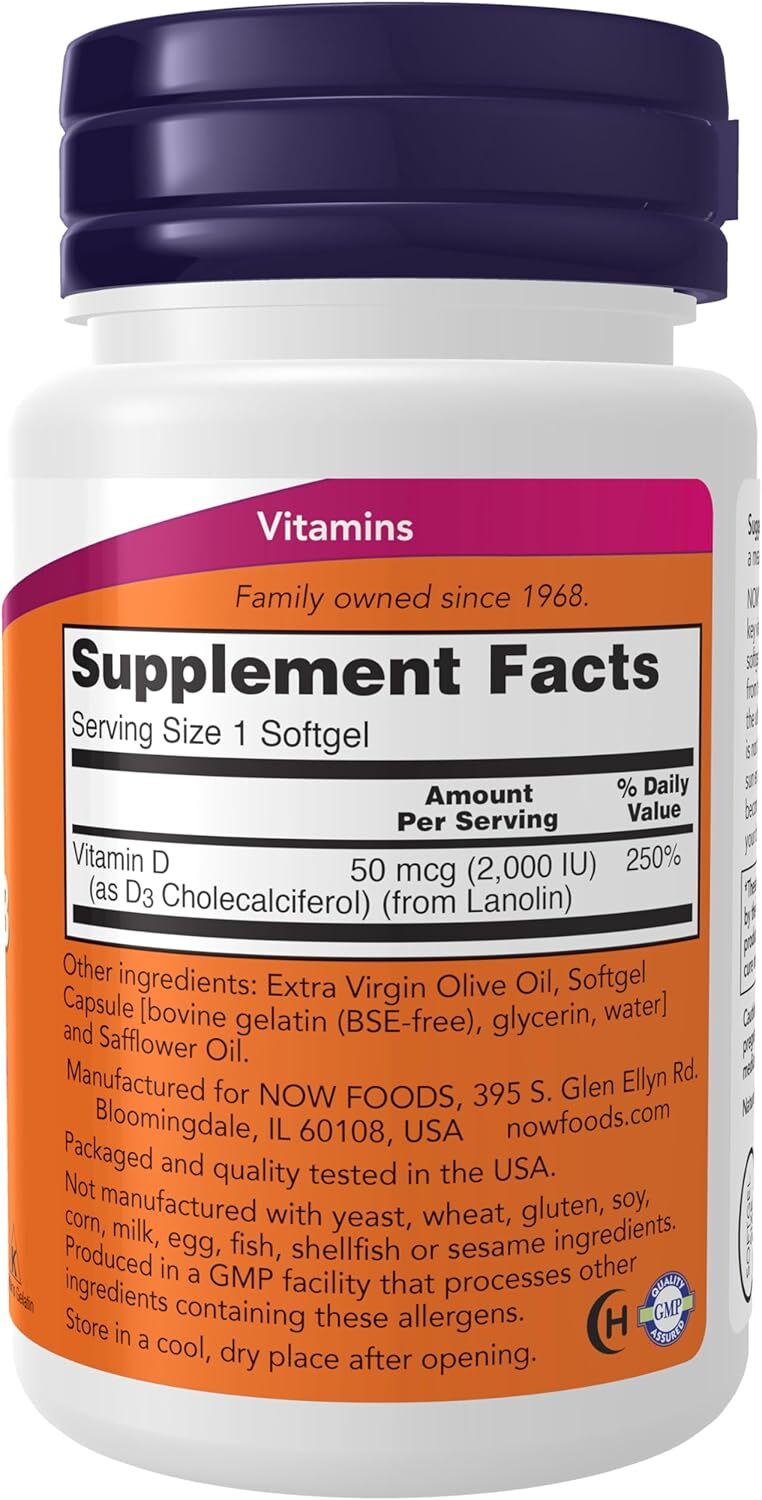 NOW Supplements, Vitamin D-3 2,000 IU, Structural Support, 30 Softgel Pack of 4
