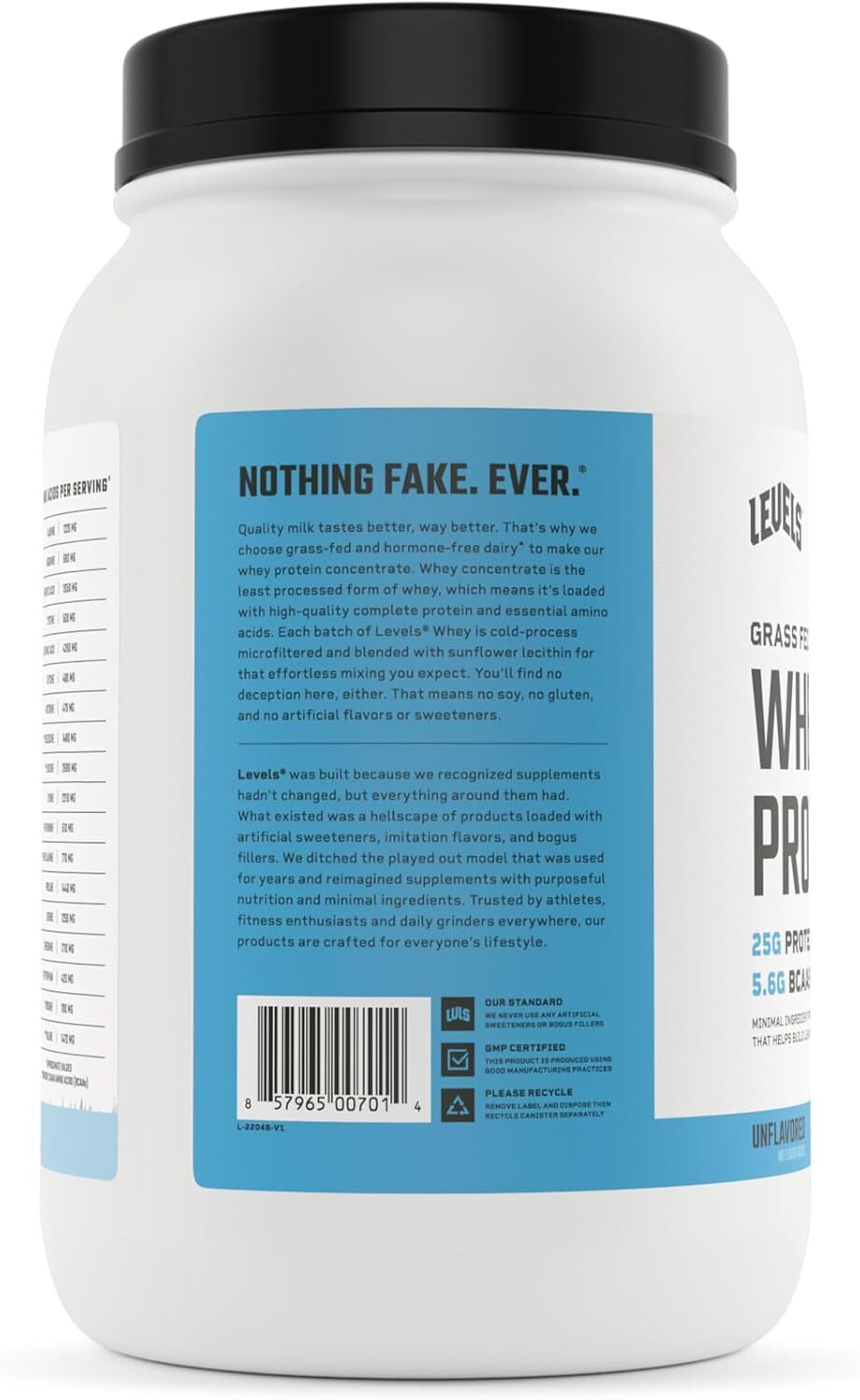 Levels Grass Fed Whey Protein, No Artificials, 25G of Protein, Unflavored, 2LB