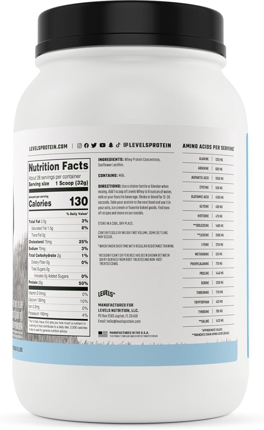 Levels Grass Fed Whey Protein, No Artificials, 25G of Protein, Unflavored, 2LB