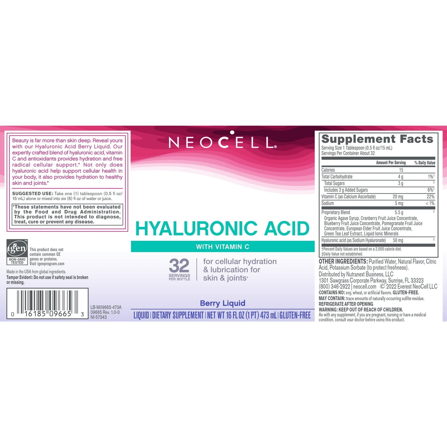 NeoCell Hyaluronic Acid Berry Liquid with Vitamin C; For 16 Fl Oz (Pack of 1)