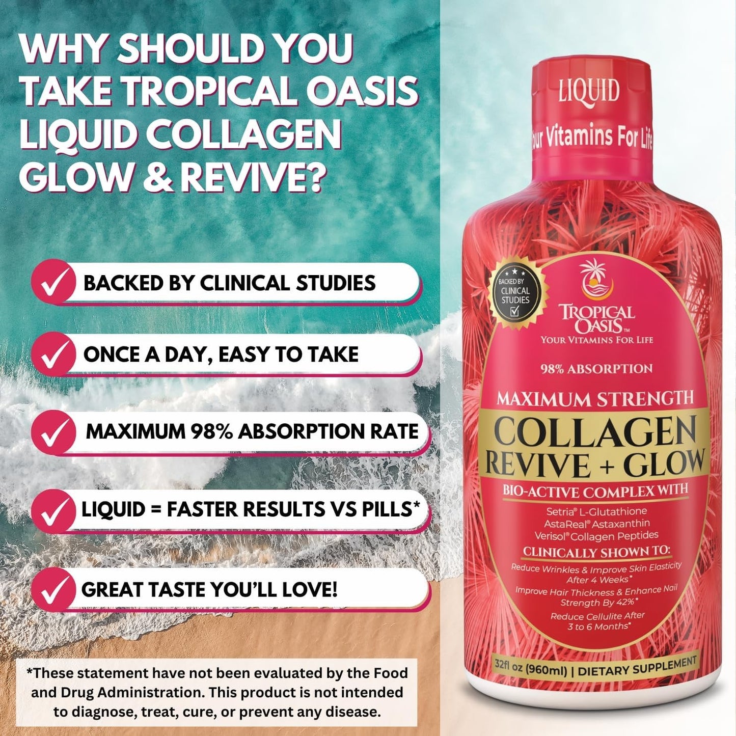 Tropical Oasis Liquid Collagen Glow, VERISOL 5000mg + Biotin, 32 Servings