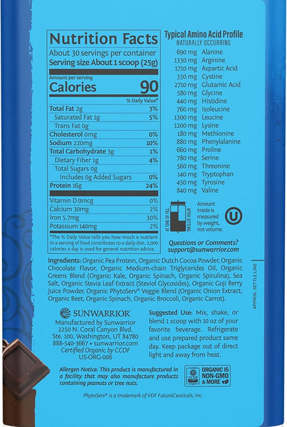 Sunwarrior Warrior Blend Protein Greens Powder  Chocolate Flavored 30 Servings