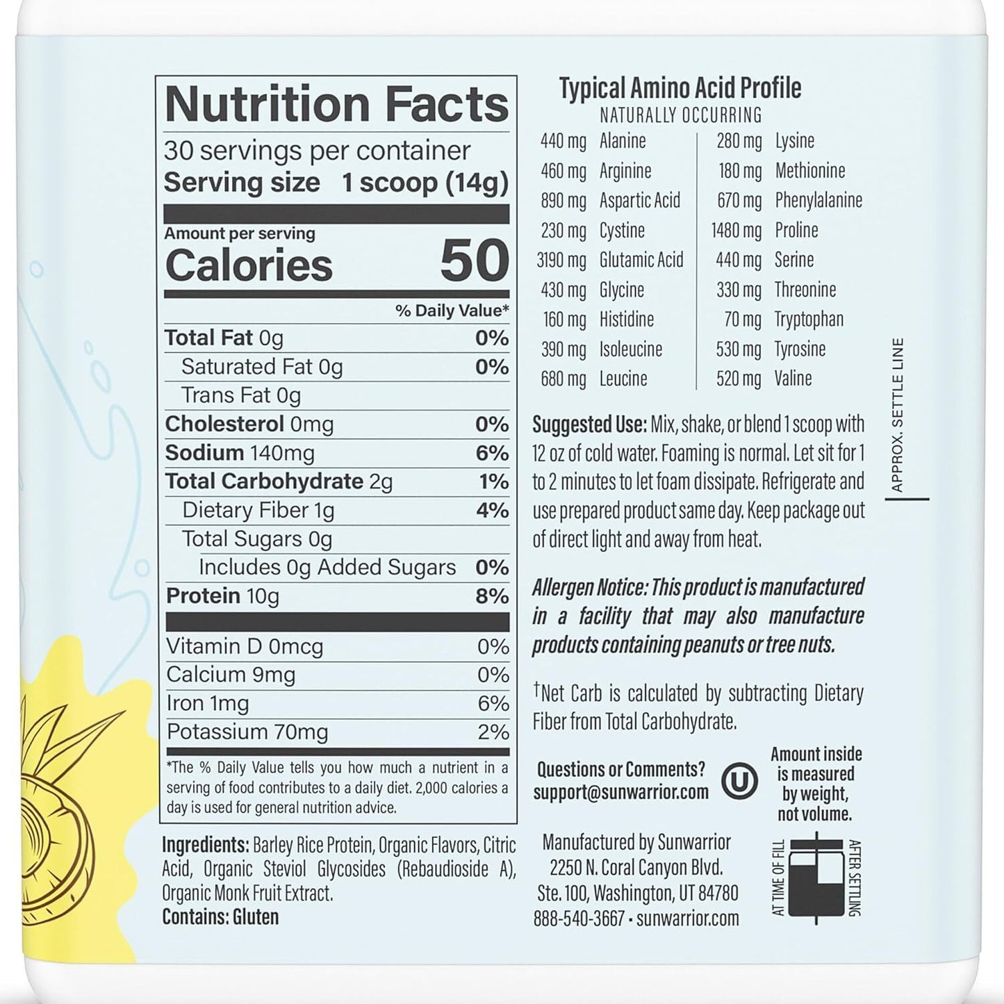 Sunwarrior Protein Refresher Pineapple Coconut water mix 14.8 oz