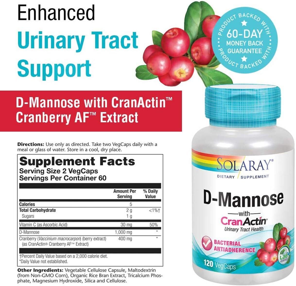 Solaray D-mannose With CranActin 1000mg Capsules - 120 Count - Pack pf 2