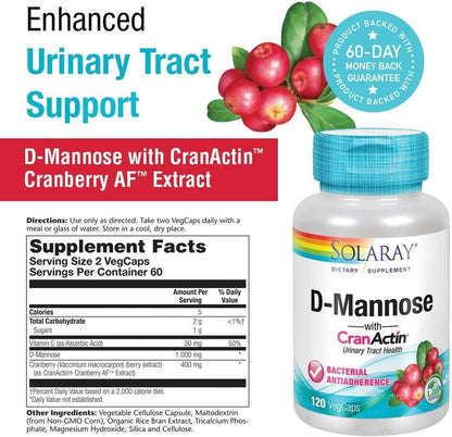 Solaray D-mannose With CranActin 1000mg Capsules - 120 Count - Pack pf 2
