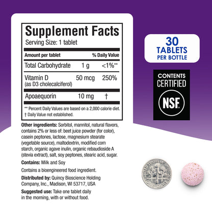 Prevagen - Regular Strength 10mg, 30 Chewable Tablets Mixed Berry Flavor with Apoaequorin & Vitamin D