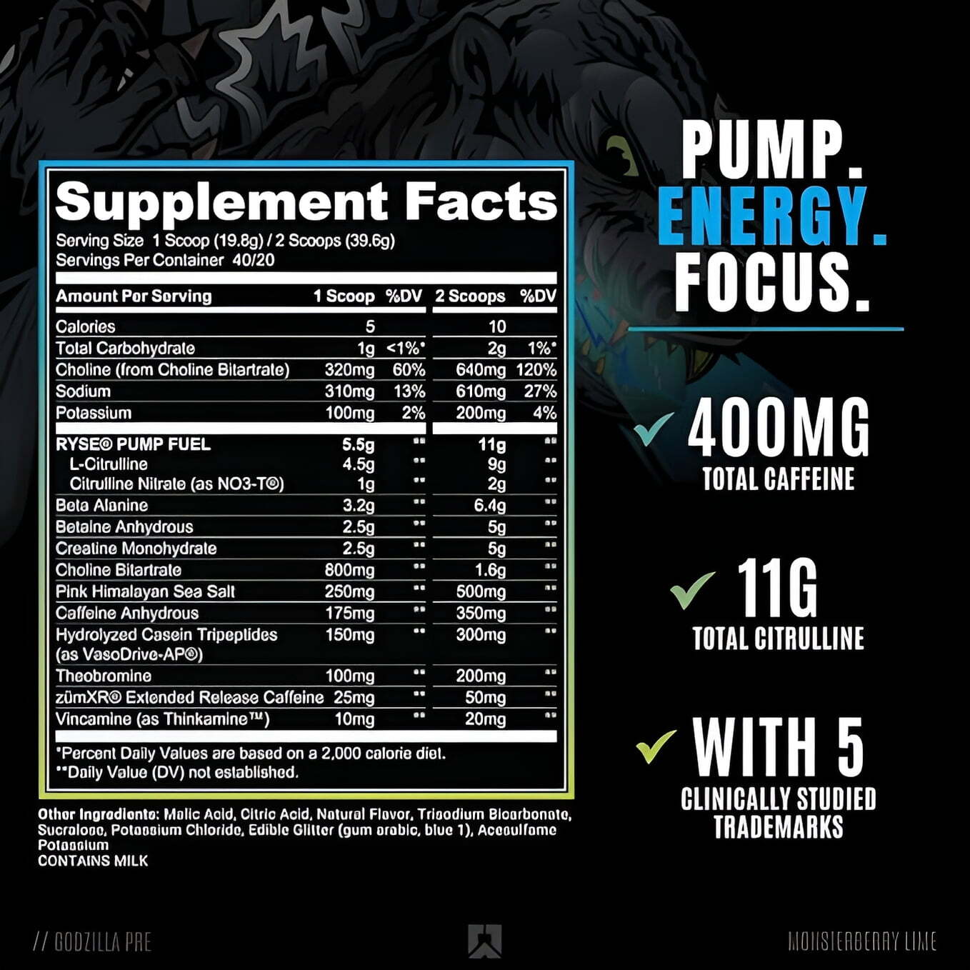 RYSE Godzilla Pre Workout 40 Servings (Monsterberry Lime) Pack of 2