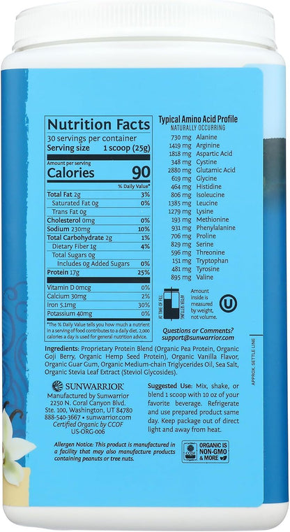 Sunwarrior Warrior Protein Powder 1.65 lbs Organic Vegan w/ BCAAs Vanilla Flavor
