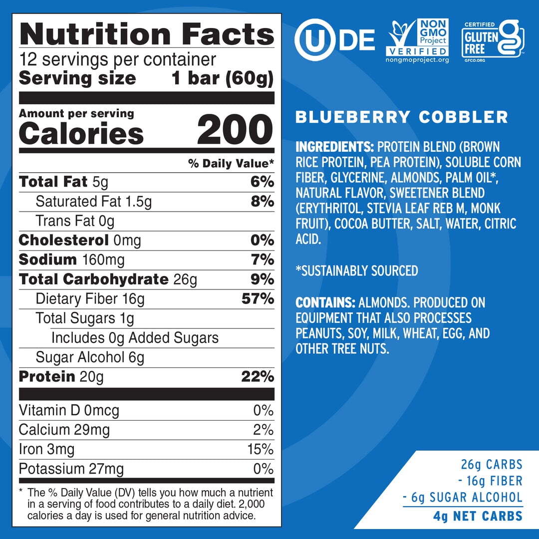 No Cow High Protein Vegan Protein Bars, Blueberry Cobbler, 12 Pack