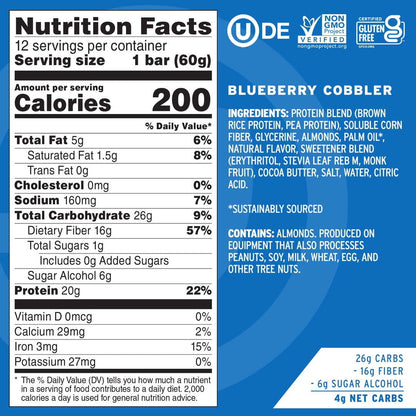 No Cow High Protein Vegan Protein Bars, Blueberry Cobbler, 12 Pack