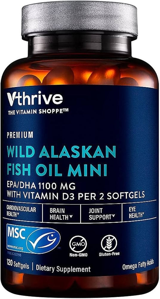 Premium Wild Alaskan Fish Oil Minis w/ VitaminD - EPA/DHA 1,100 MG -120 Softgels