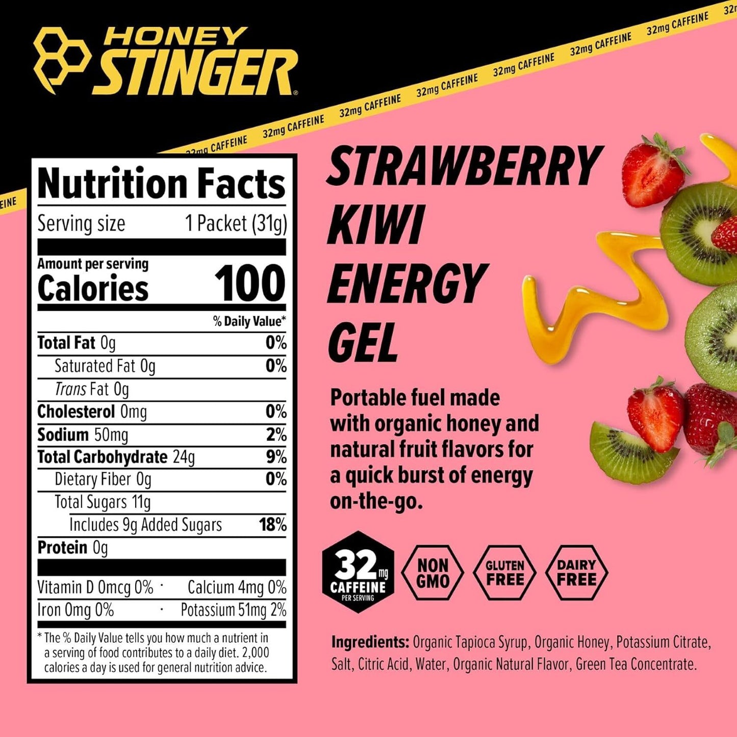 Honey Stinger Strawberry Kiwi Energy Gel.  Caffeinated & Gluten Free