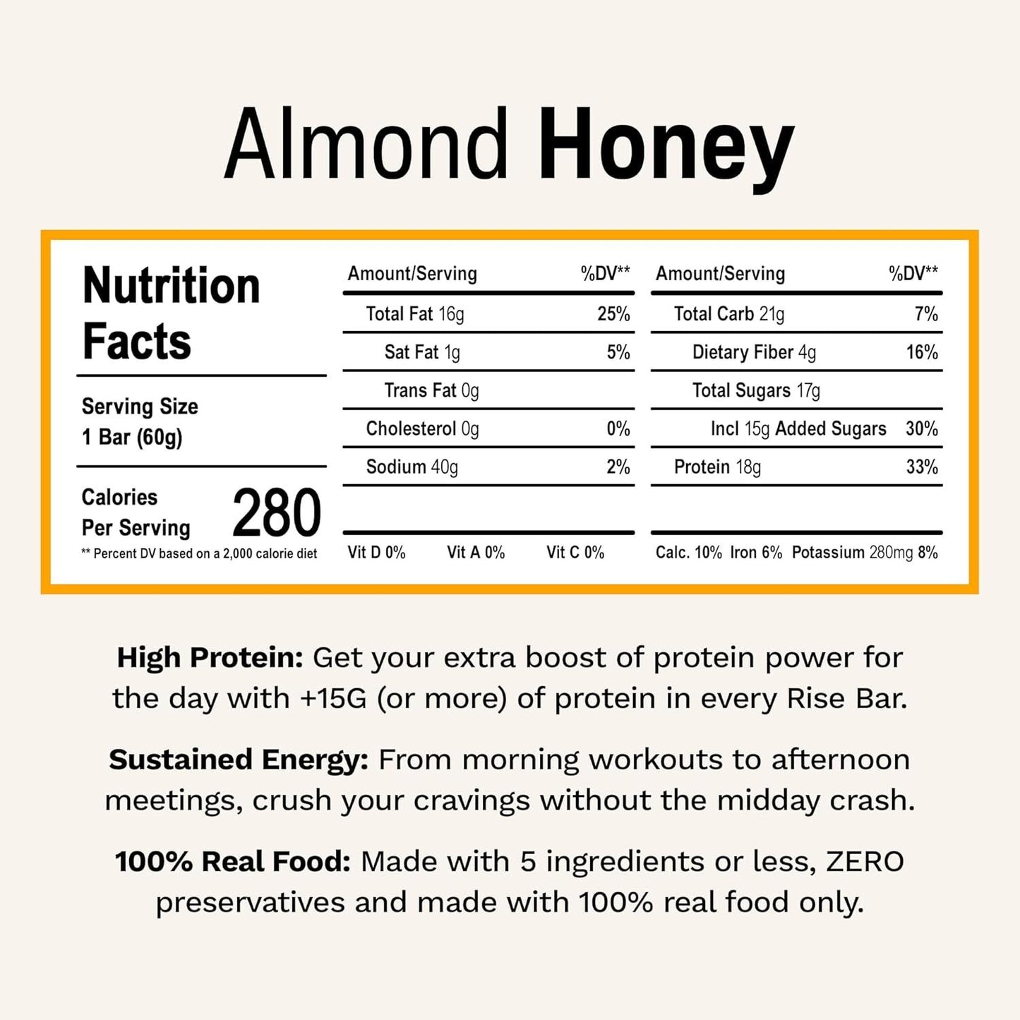 Rise Bar Rise Protein Bar Almond Honey 12 bars - Pack of 2