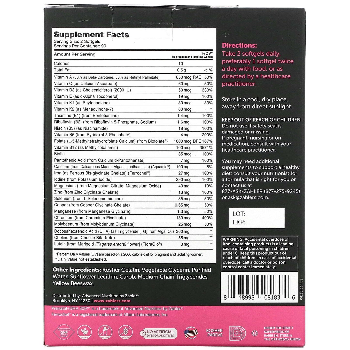 Zahler Prenatal  DHA 300 180 Softgels Gluten-Free, GMP Quality Assured, Kosher