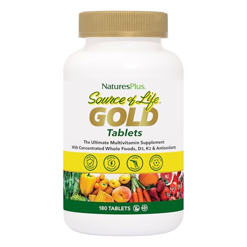 Natures Plus Source of Life Gold Multivitamin - 180 Tablets - with Vitamins D3 & B12 - Blood, Bone & Immune Support - Vegetarian & Gluten Free - 60 Servings