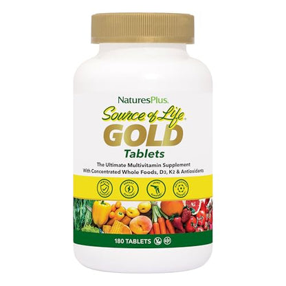 Natures Plus Source of Life Gold Multivitamin - 180 Tablets - with Vitamins D3 & B12 - Blood, Bone & Immune Support - Vegetarian & Gluten Free - 60 Servings
