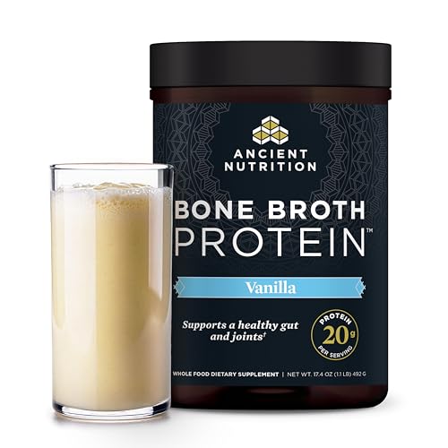 Ancient Nutrition Grass Fed, Cage Free, Bone Broth Protein Powder, 20g Protein, Hydrolyzed Collagen Peptides, Keto & Paleo Friendly, Supports Joint, Gut Health, Vanilla, 20 Servings