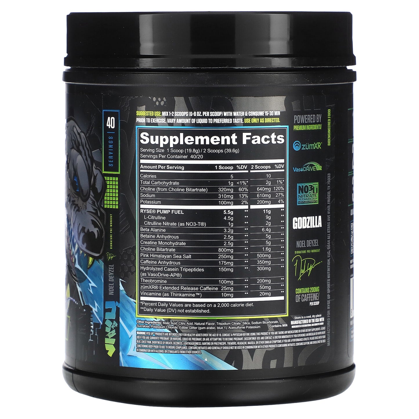 RYSE Godzilla Pre Workout Intense Pumps, Energy 40 Servings (Monsterberry Lime)
