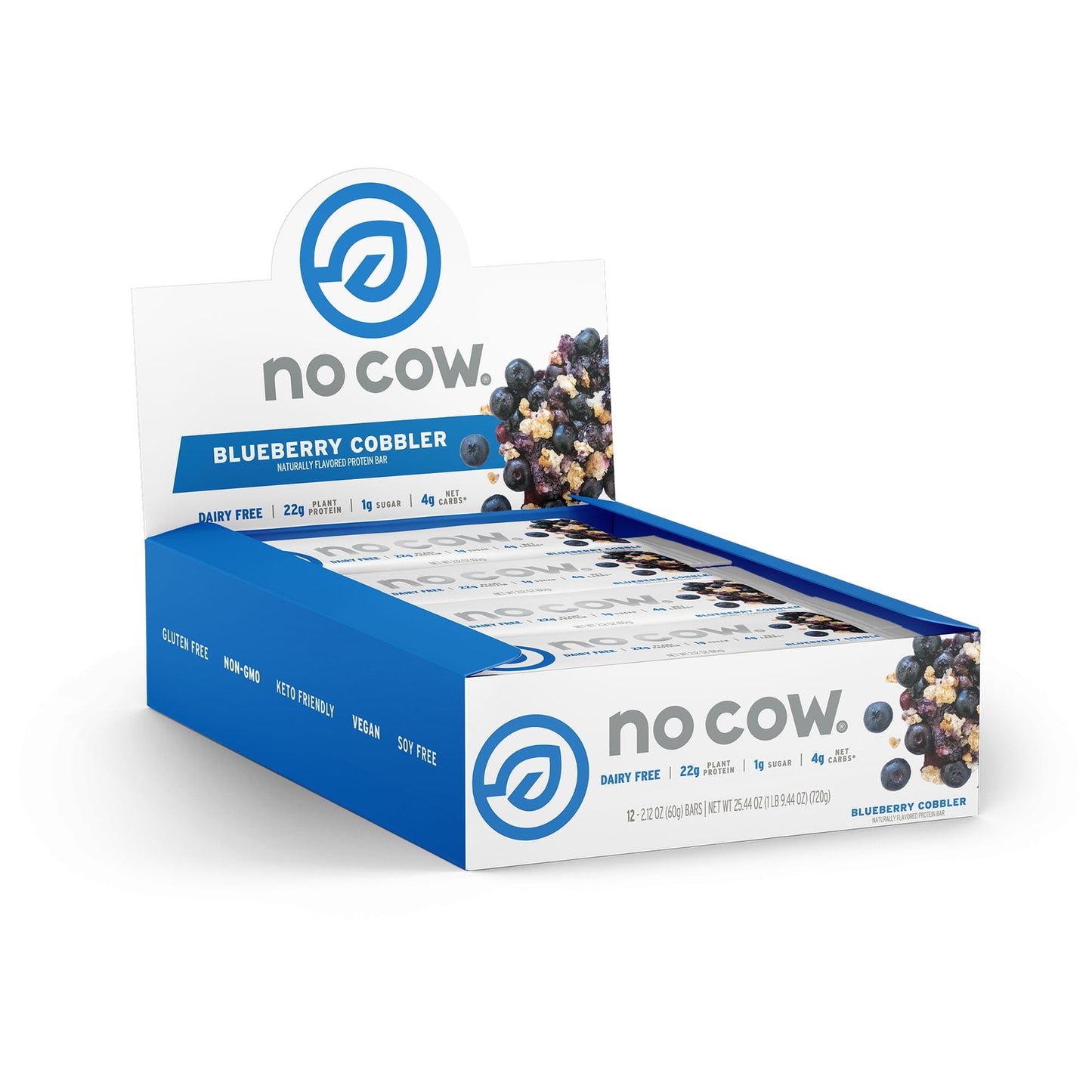 No Cow High Protein Vegan Protein Bars, Blueberry Cobbler, 12 Pack