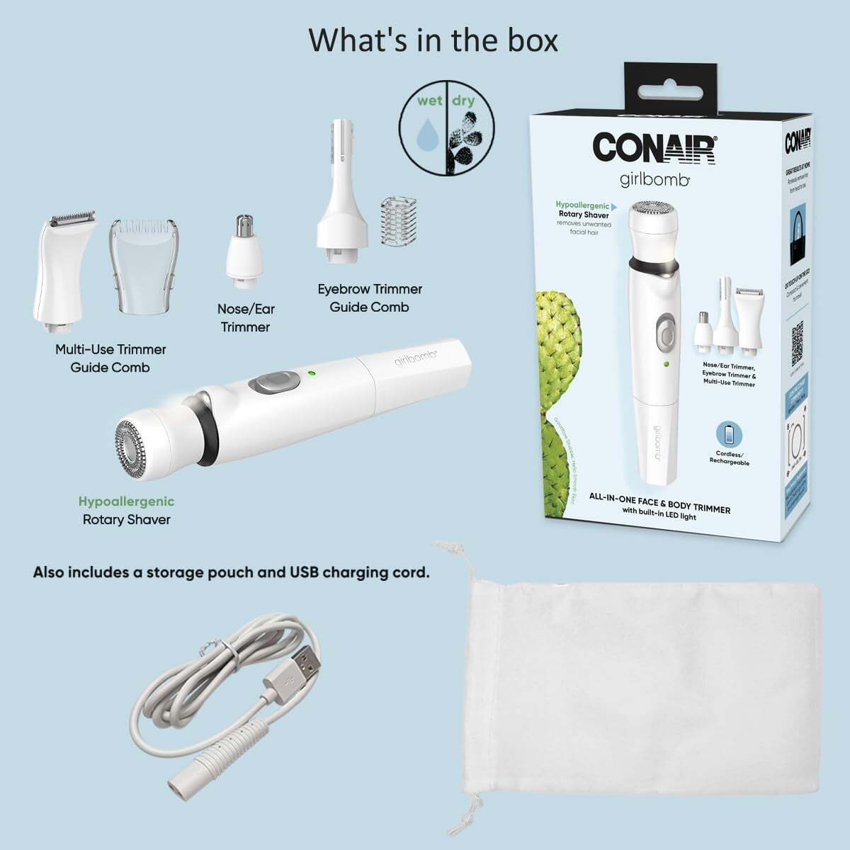 Conair Girlbomb All-in-One Face & Body Trimmer LED Lht Cordless Rechargeable NEW
