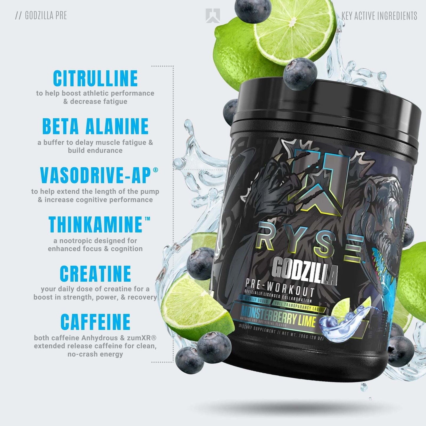 RYSE Godzilla Pre Workout 40 Servings (Monsterberry Lime) Pack of 3