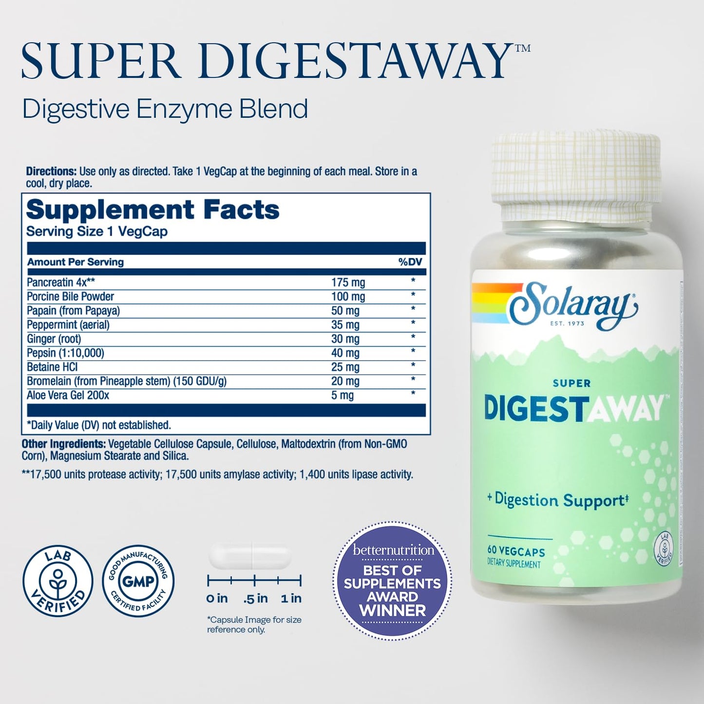 SOLARAY Super Digestaway Digestive Enzymes - Pancreatin, Papain, Ginger, Pepsin, Betaine HCl, Aloe Vera, and More - Digestion & Nutrient Absorption Support - Lab Verified - 180 VegCaps