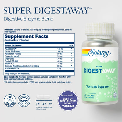 SOLARAY Super Digestaway Digestive Enzymes - Pancreatin, Papain, Ginger, Pepsin, Betaine HCl, Aloe Vera, and More - Digestion & Nutrient Absorption Support - Lab Verified - 180 VegCaps