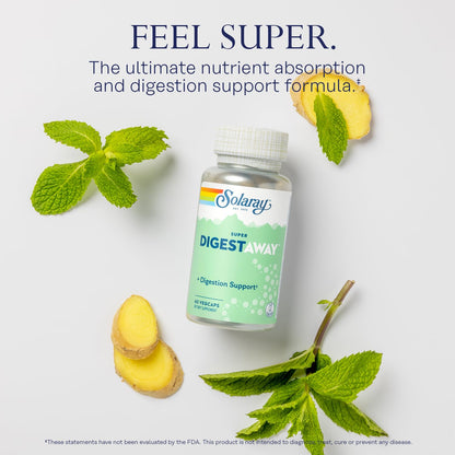 SOLARAY Super Digestaway Digestive Enzymes - Pancreatin, Papain, Ginger, Pepsin, Betaine HCl, Aloe Vera, and More - Digestion & Nutrient Absorption Support - Lab Verified - 180 VegCaps
