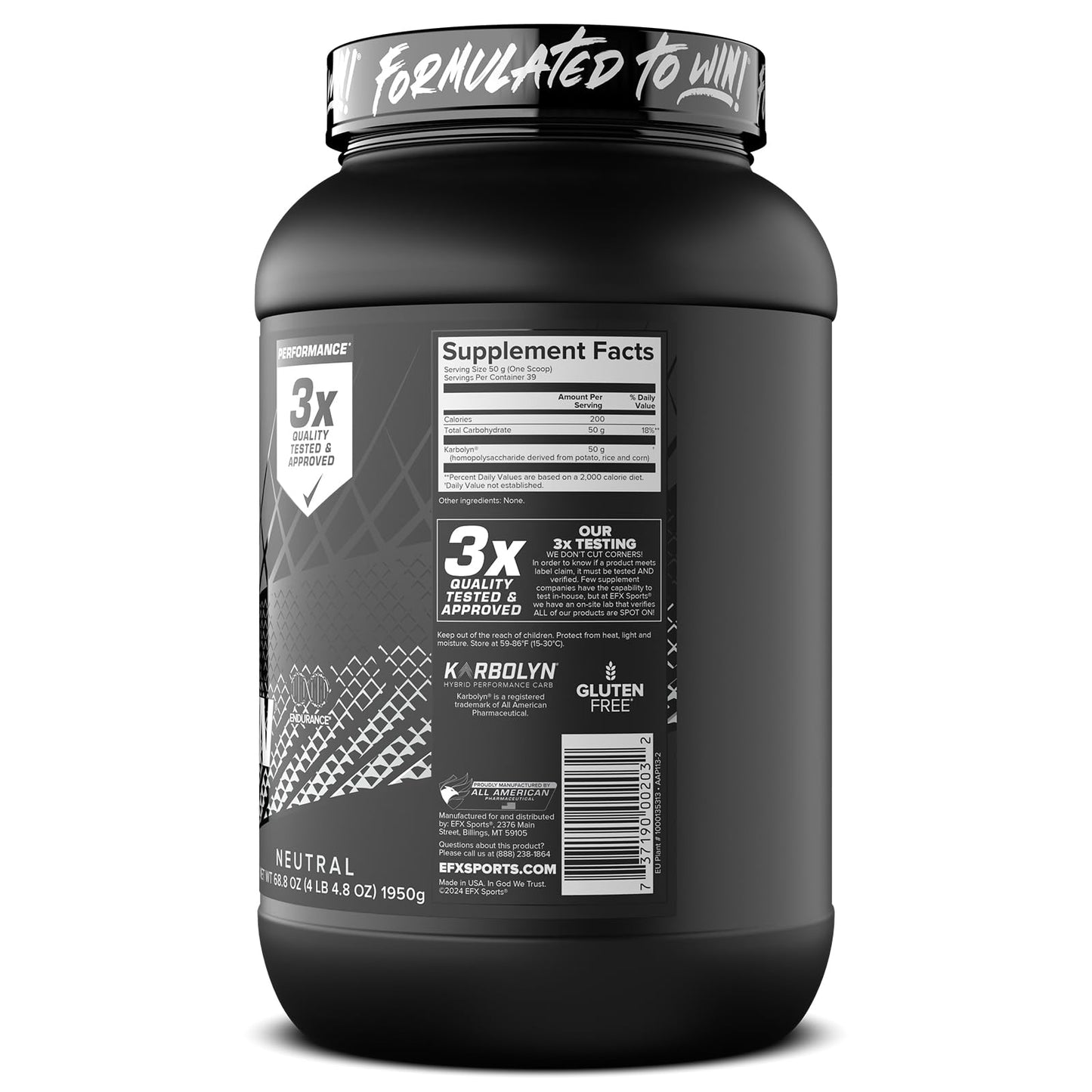 EFX Sports Karbolyn Fuel | Fast-Absorbing Carbohydrate Powder | Carb Load, Sustained Energy, Quick Recovery | Stimulant Free | 39 Servings (Neutral)