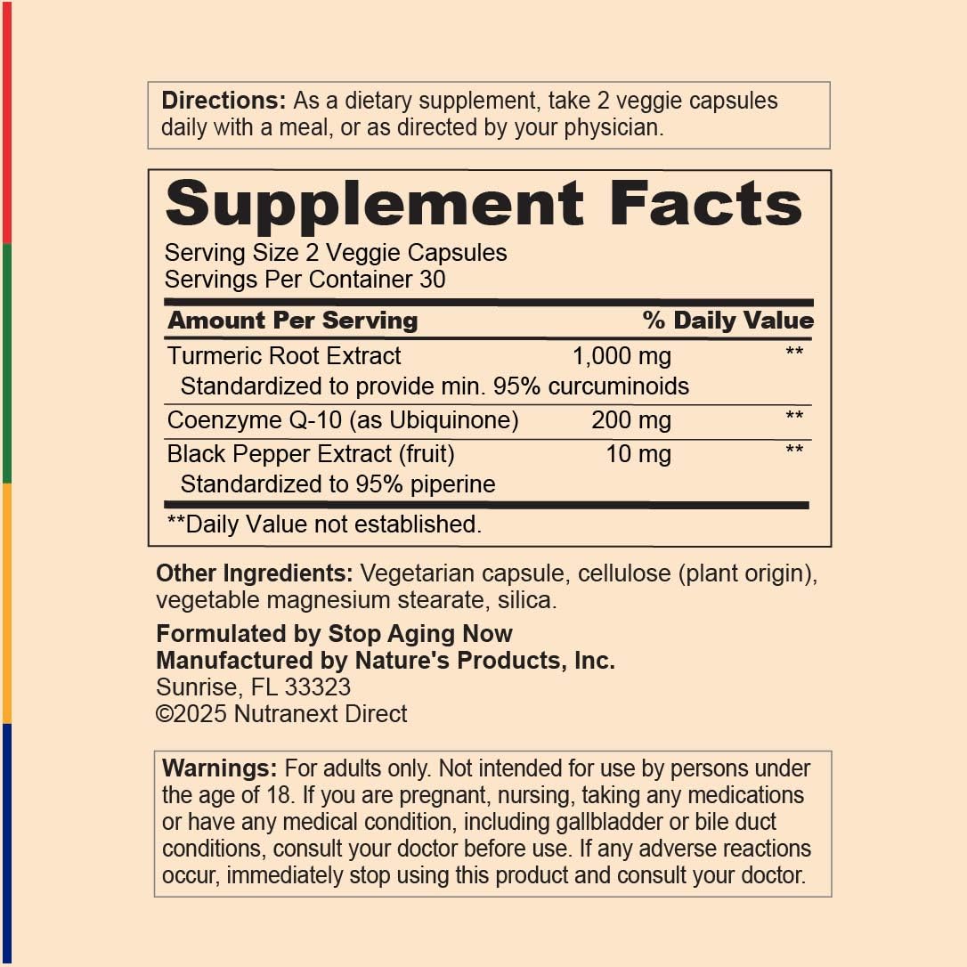 Stop Aging Now - CoQ10 200mg - 60 Capsules - Antioxidant Curcumin Complex Supplement
