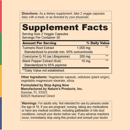 Stop Aging Now - CoQ10 200mg - 60 Capsules - Antioxidant Curcumin Complex Supplement