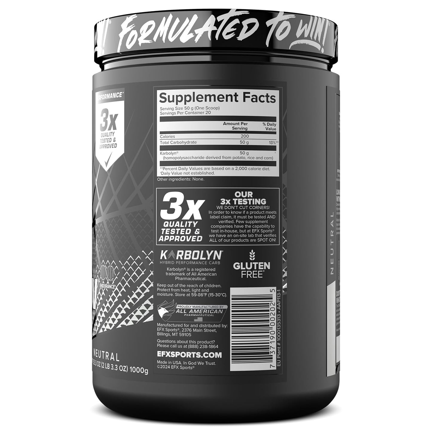 EFX Sports Karbolyn Fuel | Fast-Absorbing Carbohydrate Powder | Carb Load, Sustained Energy, Quick Recovery | Stimulant Free | 39 Servings (Neutral)