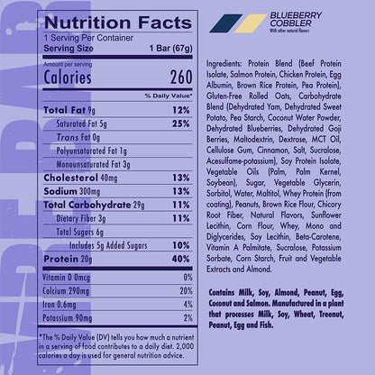 REDCON1 MRE Protein Bar, Blueberry Cobbler - Contains MCT Oil + 20g of Whole Food Protein - Easily Digestible, Macro Balanced Low Sugar Meal Replacement Bar (12 Bars)
