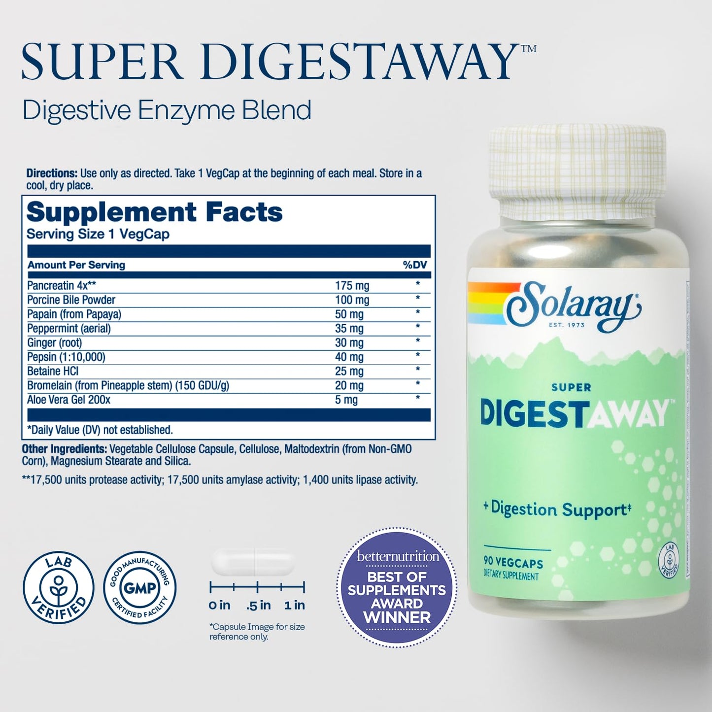 SOLARAY Super Digestaway Digestive Enzymes - Pancreatin, Papain, Ginger, Pepsin, Betaine HCl, Aloe Vera, and More - Digestion & Nutrient Absorption Support - Lab Verified - 180 VegCaps