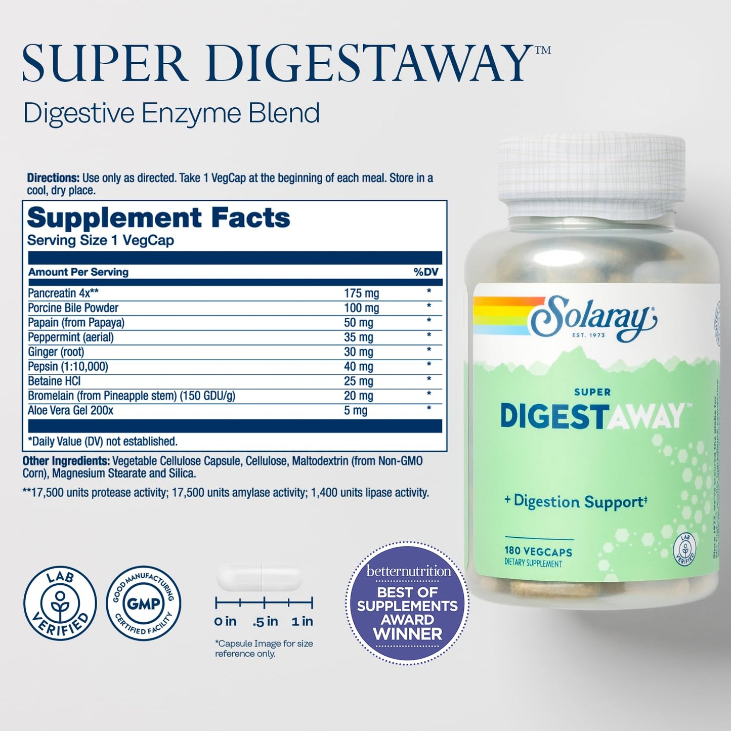 SOLARAY Super Digestaway Digestive Enzymes - Pancreatin, Papain, Ginger, Pepsin, Betaine HCl, Aloe Vera, and More - Digestion & Nutrient Absorption Support - Lab Verified - 180 VegCaps