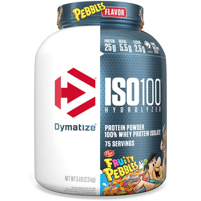 Dymatize x Fruity Pebbles ISO100 Whey Protein Powder Isolate, 25g of Protein, 20 Servings, 5.5g BCAAs, 120 Cal., Gluten Free, 1g Fat, 1g Sugar, 2g Carb