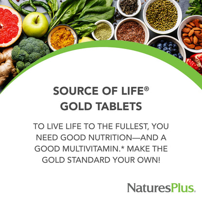 Natures Plus Source of Life Gold Multivitamin - 180 Tablets - with Vitamins D3 & B12 - Blood, Bone & Immune Support - Vegetarian & Gluten Free - 60 Servings
