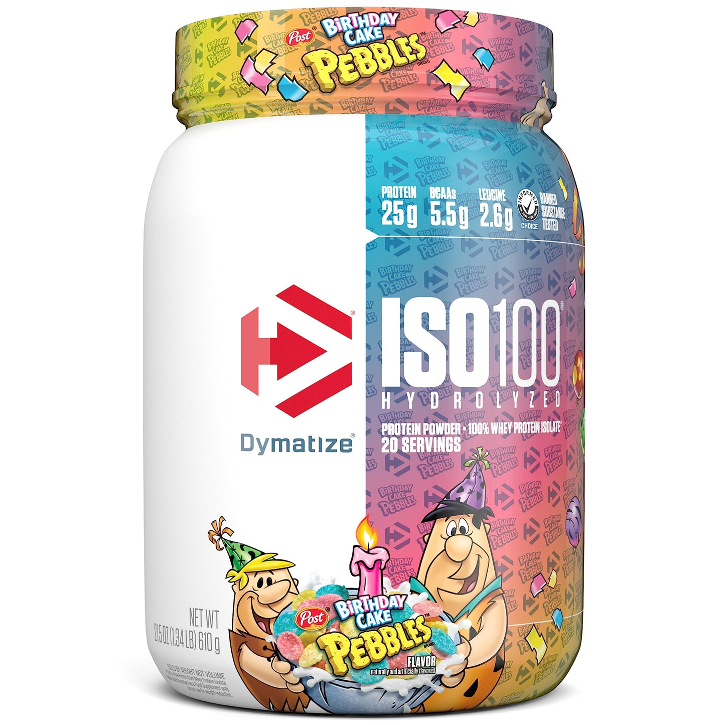 Dymatize x Fruity Pebbles ISO100 Whey Protein Powder Isolate, 25g of Protein, 20 Servings, 5.5g BCAAs, 120 Cal., Gluten Free, 1g Fat, 1g Sugar, 2g Carb