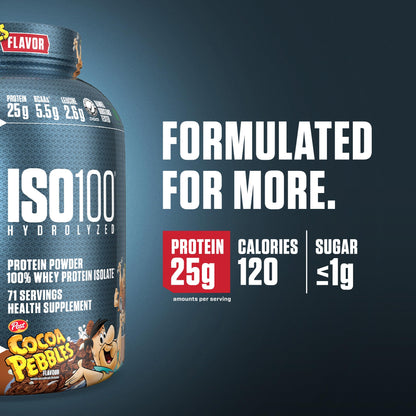 Dymatize x Fruity Pebbles ISO100 Whey Protein Powder Isolate, 25g of Protein, 20 Servings, 5.5g BCAAs, 120 Cal., Gluten Free, 1g Fat, 1g Sugar, 2g Carb