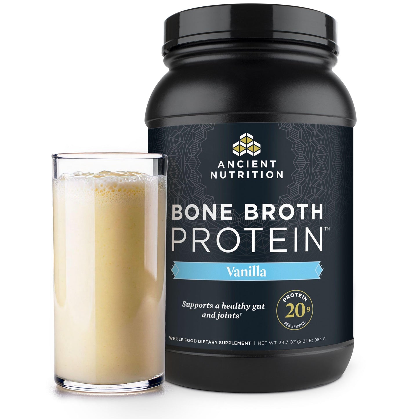 Ancient Nutrition Grass Fed, Cage Free, Bone Broth Protein Powder, 20g Protein, Hydrolyzed Collagen Peptides, Keto & Paleo Friendly, Supports Joint, Gut Health, Vanilla, 20 Servings