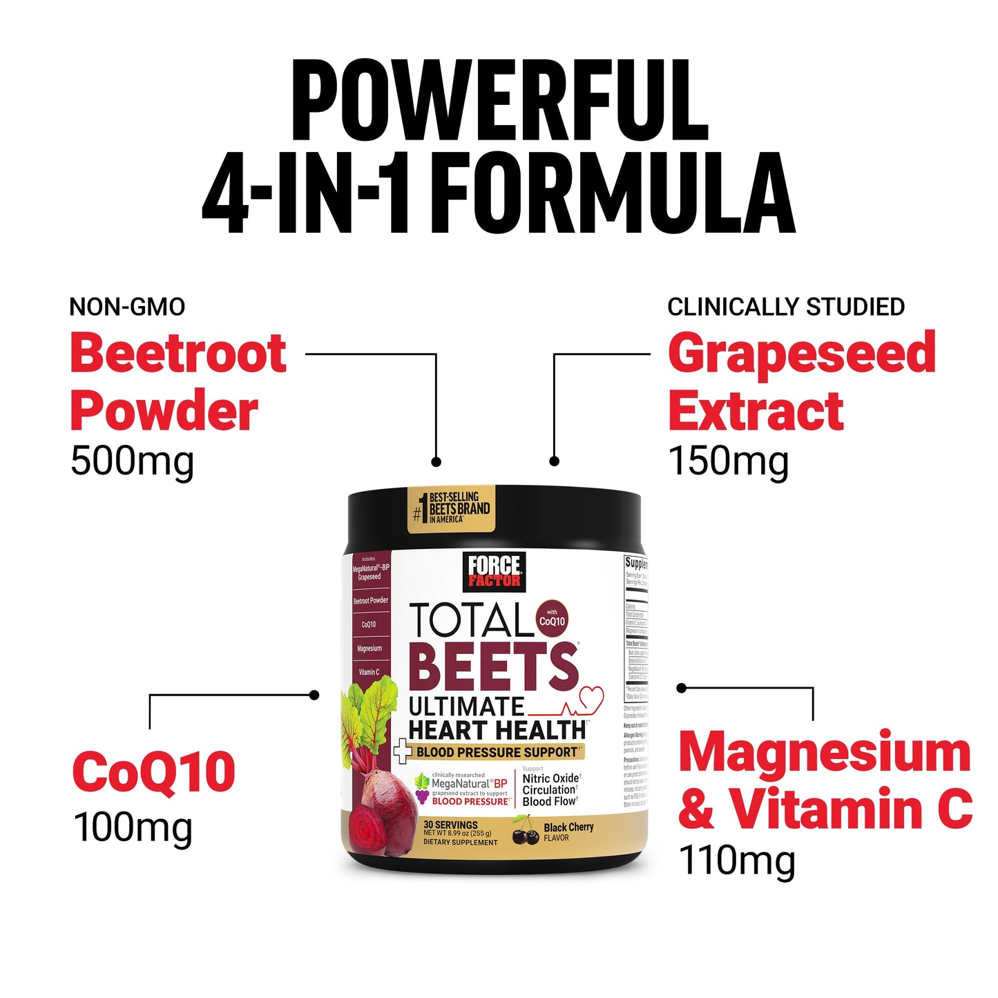Force Factor Total Beets Ultimate Heart Health Blood Pressure Support with CoQ10, Beet Root Powder, Grape Seed Extract, Blood Pressure Supplement for Circulation, Black Cherry, 30 Servings