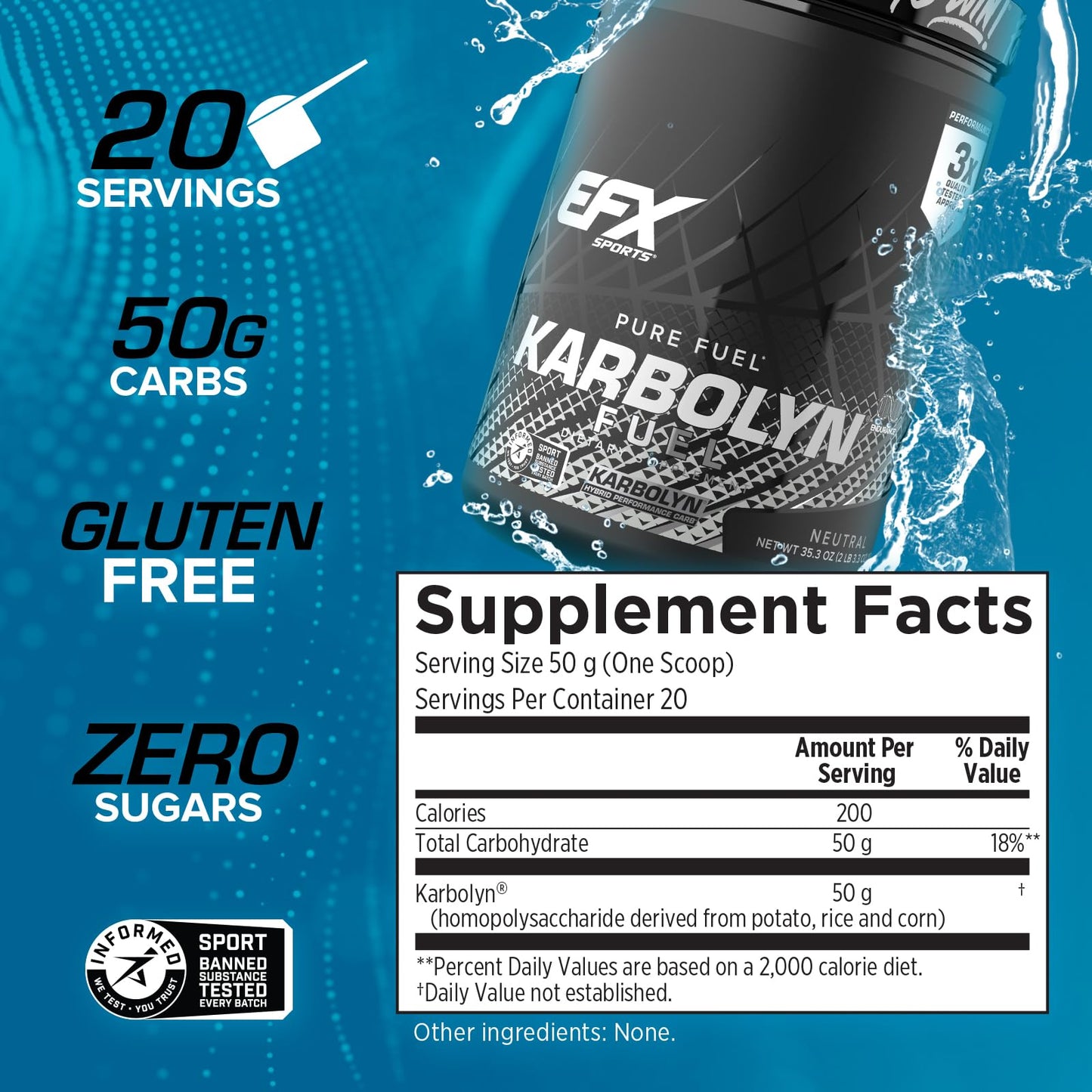 EFX Sports Karbolyn Fuel | Fast-Absorbing Carbohydrate Powder | Carb Load, Sustained Energy, Quick Recovery | Stimulant Free | 39 Servings (Neutral)