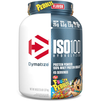 Dymatize x Fruity Pebbles ISO100 Whey Protein Powder Isolate, 25g of Protein, 20 Servings, 5.5g BCAAs, 120 Cal., Gluten Free, 1g Fat, 1g Sugar, 2g Carb
