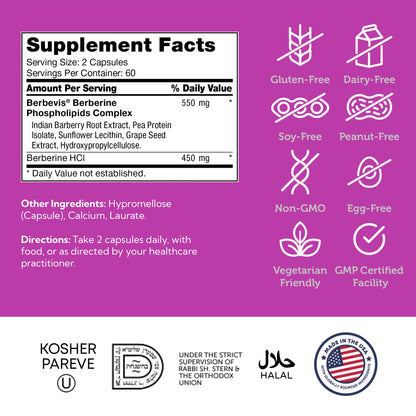 Berberine with Clinically Evaluated Berbevis, Metabolism and Glucos Support Formula, 120 Capsules.