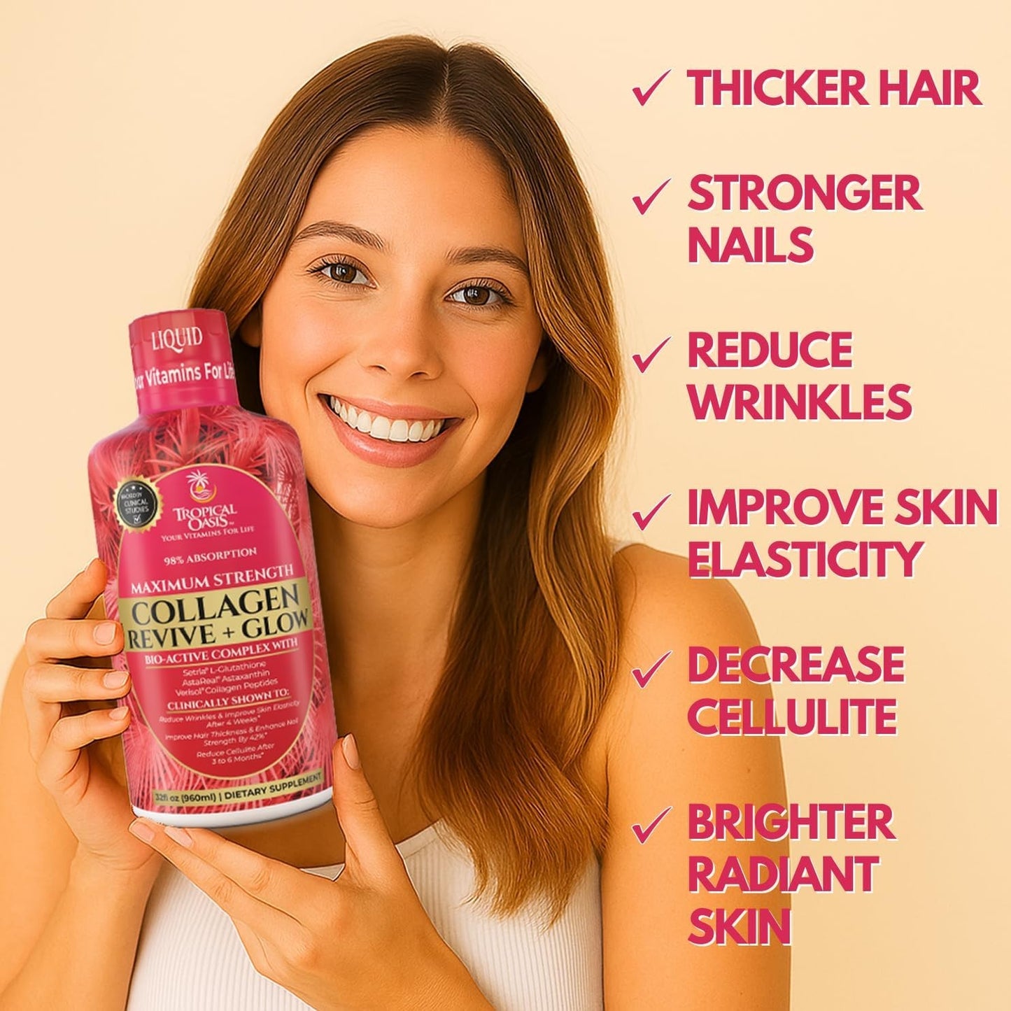 Tropical Oasis Liquid Collagen Glow, VERISOL 5000mg + Biotin, 32 Servings