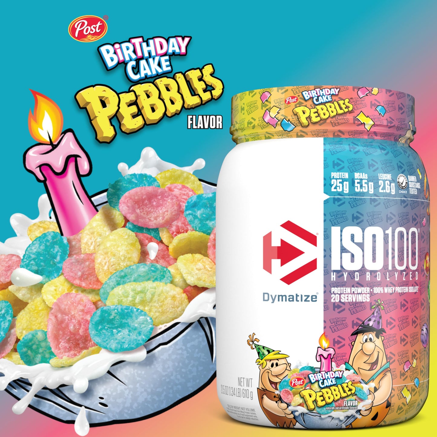 Dymatize x Fruity Pebbles ISO100 Whey Protein Powder Isolate, 25g of Protein, 20 Servings, 5.5g BCAAs, 120 Cal., Gluten Free, 1g Fat, 1g Sugar, 2g Carb
